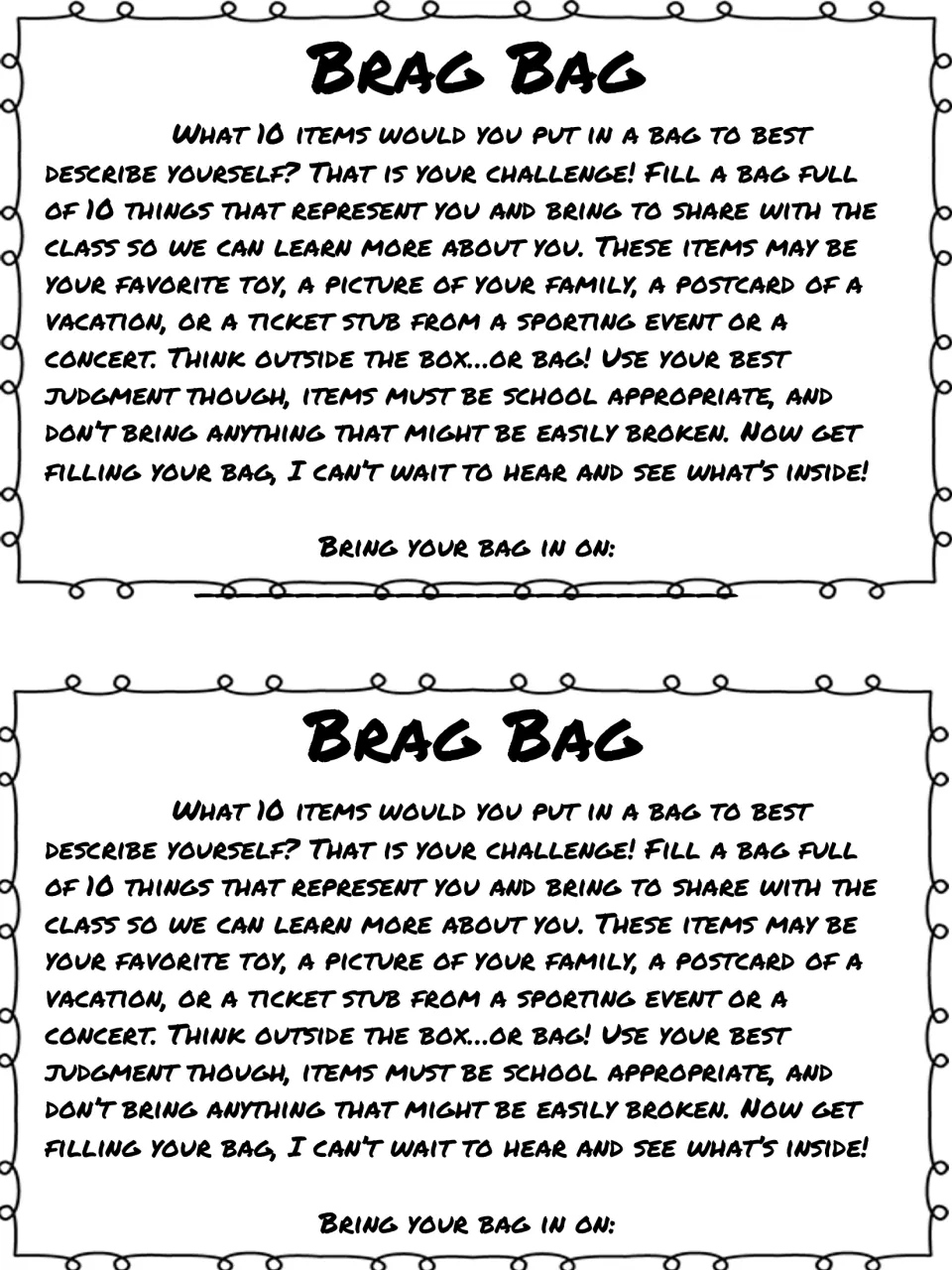 Second bag activity directions version, printed twice: choose 10 school-appropriate items that represent you.