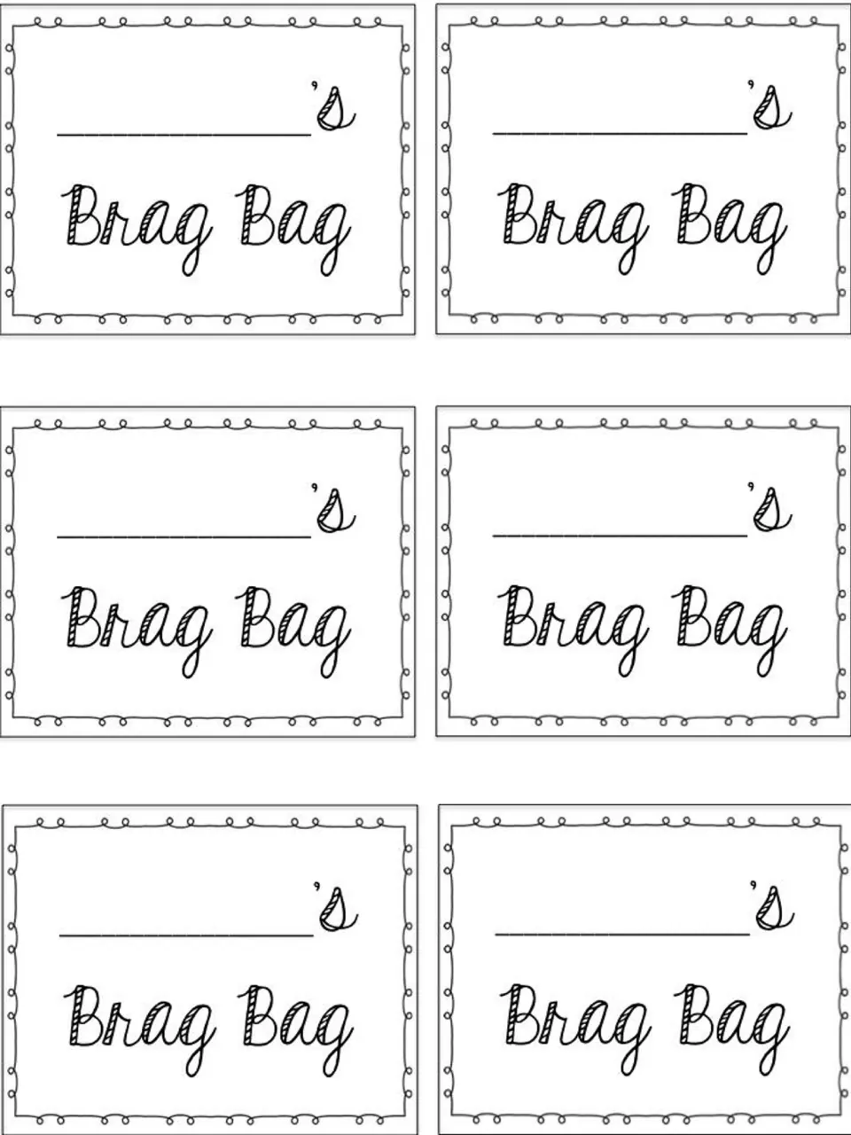Six personalized bag labels reading “Brag Bag,” each with a space for a student's name before “'s.”