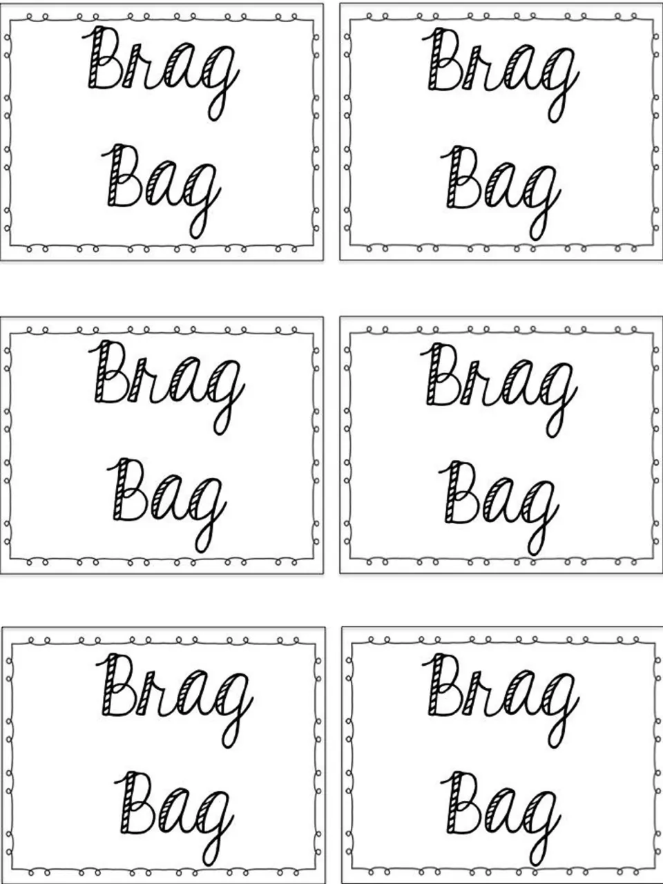 Six generic labels reading “Brag Bag” for the bags students fill with 10 items to introduce themselves.