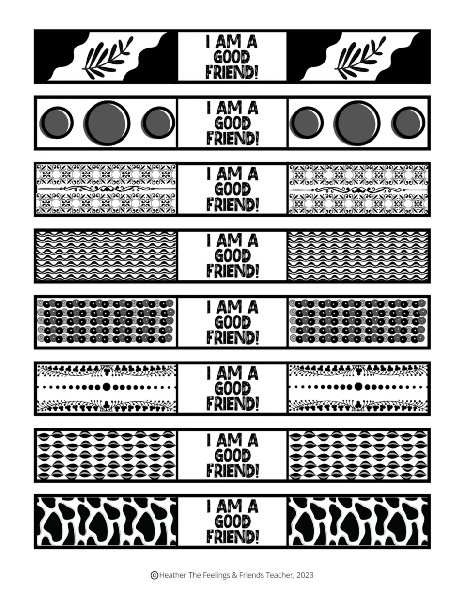 Eight positive-affirmation brag bracelets reading “I am a good friend!” to print, cut out, and wear