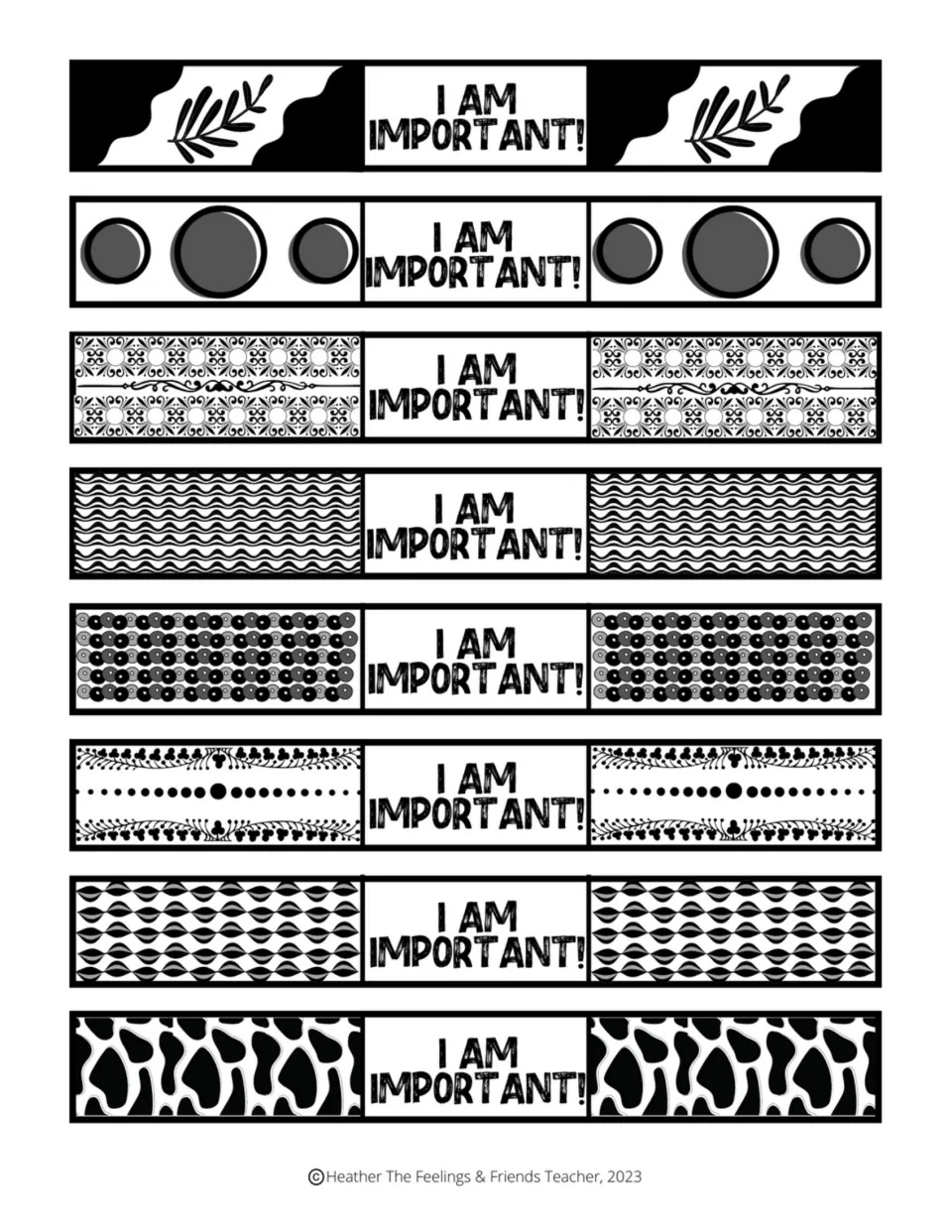 Eight positive-affirmation brag bracelets reading “I am important!” to print on colored paper and cut out