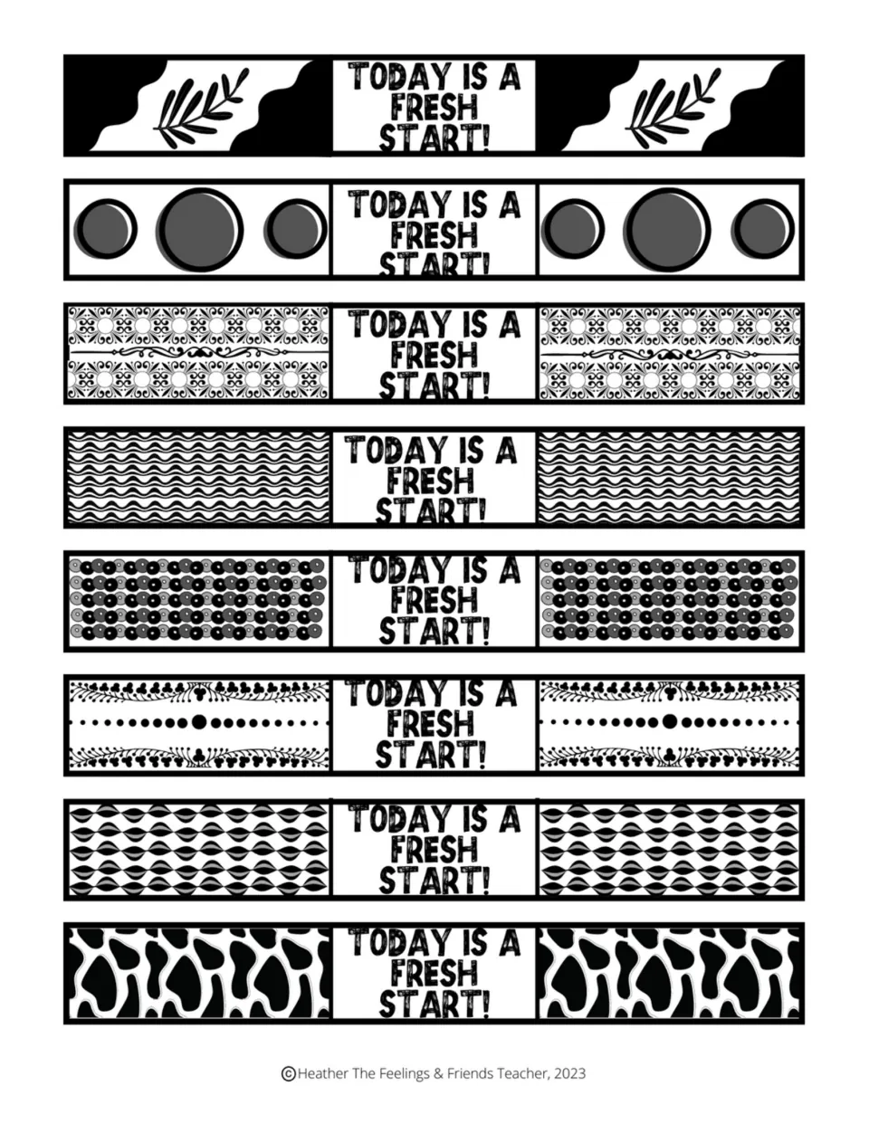 Eight positive-affirmation brag bracelets reading “Today is a fresh start!” to print, cut out, and wear