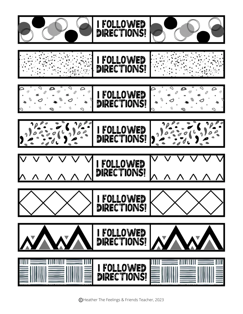 Following-directions rewards: eight patterned paper bracelets reading "I followed directions!" to cut out and wear
