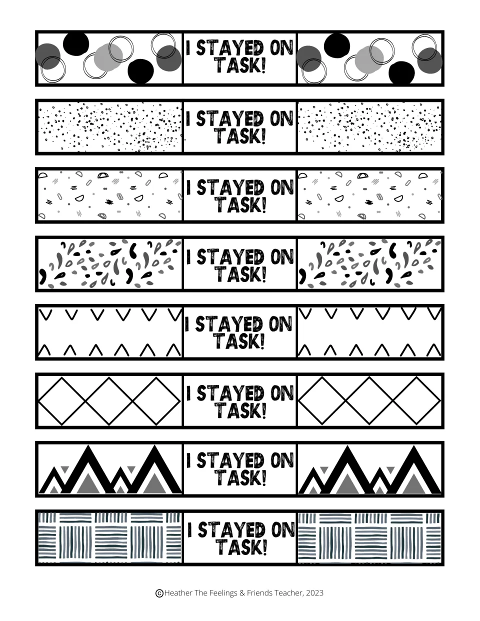 On-task rewards: eight patterned paper bracelets reading "I stayed on task!" with dot, speckle, mountain and stripe designs