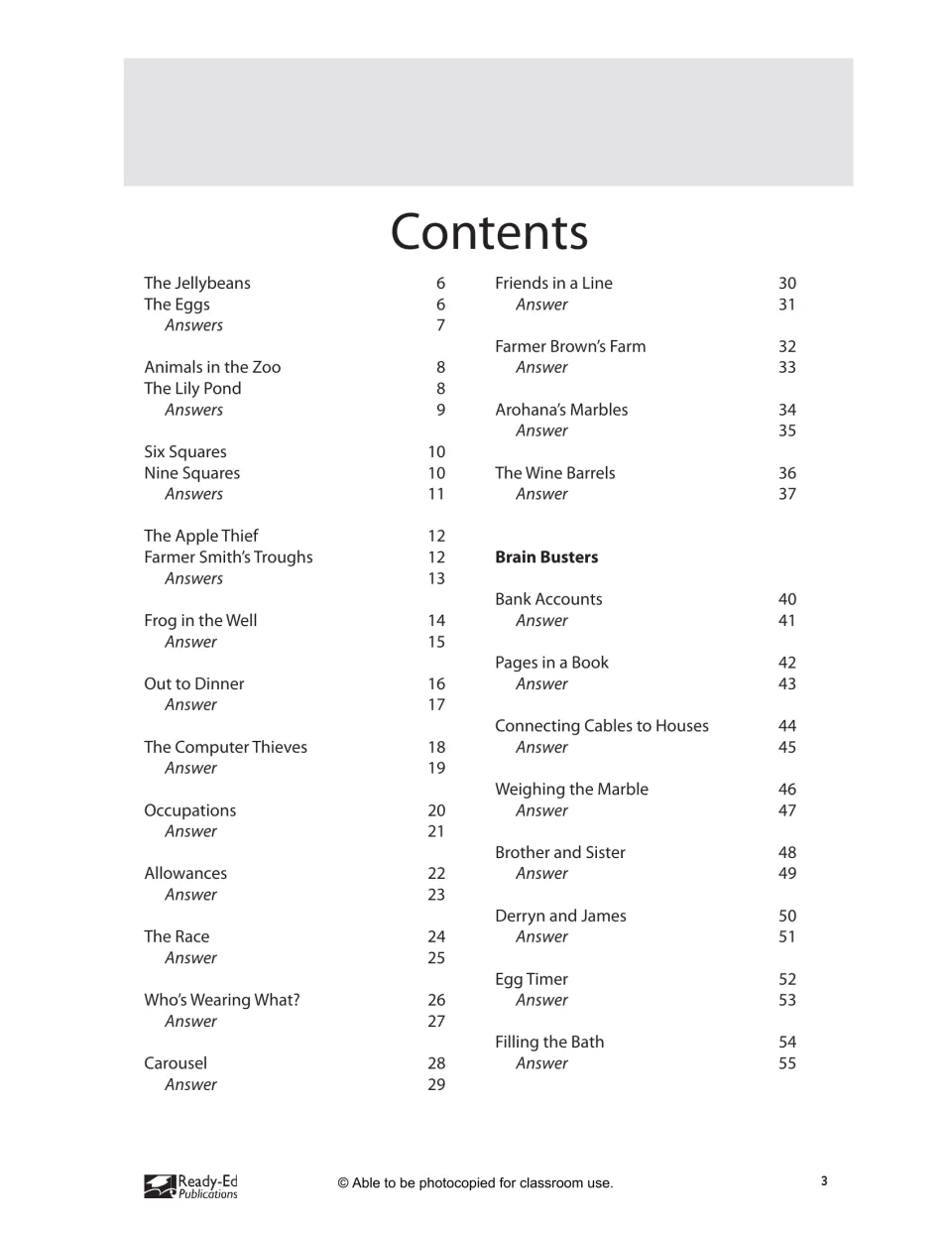 Contents listing each puzzle and its answer page, from The Jellybeans to Carousel, plus a Brain Busters section to page 55