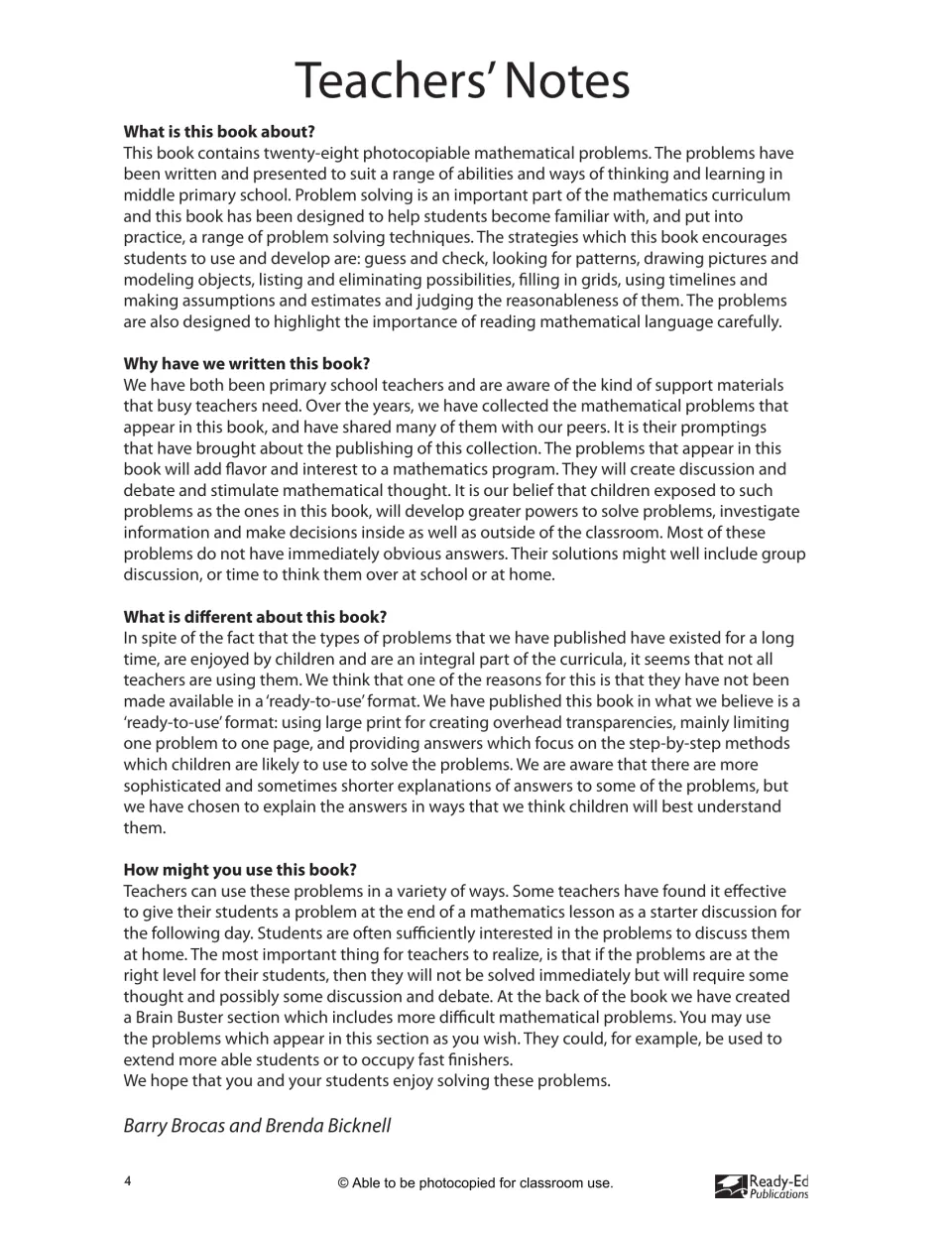 Teachers' notes on the 28 problems, strategies like guess and check and drawing pictures, and ideas for using them in class