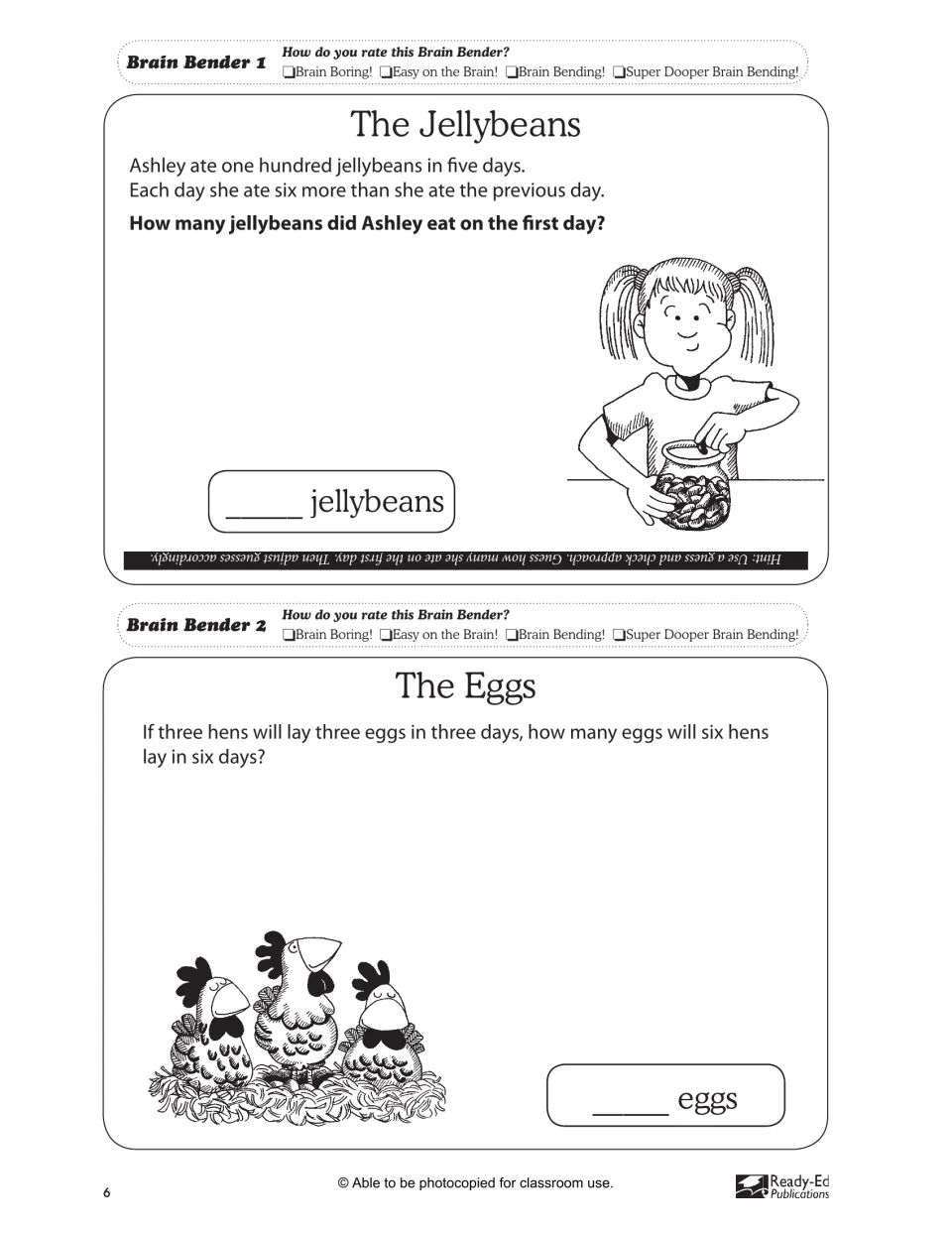 Two word problems: find how many jellybeans Ashley ate on day one using guess and check, and how many eggs six hens lay