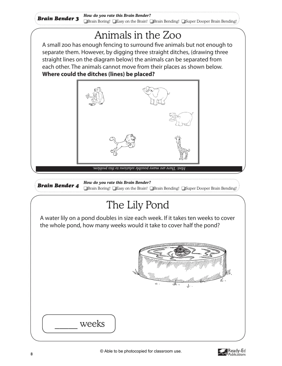 Logic puzzles: draw three lines to separate five zoo animals, then find when a doubling water lily covers half a pond