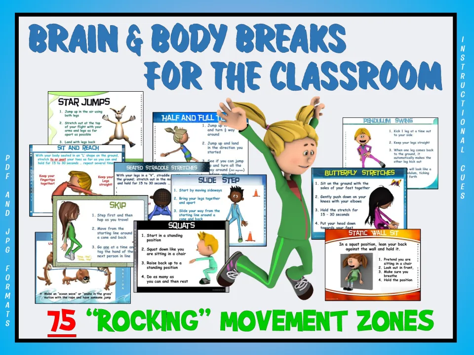 Cover of Brain & Body Breaks for the Classroom: 75 movement zone cards such as squats, skip, star jumps and wall sits