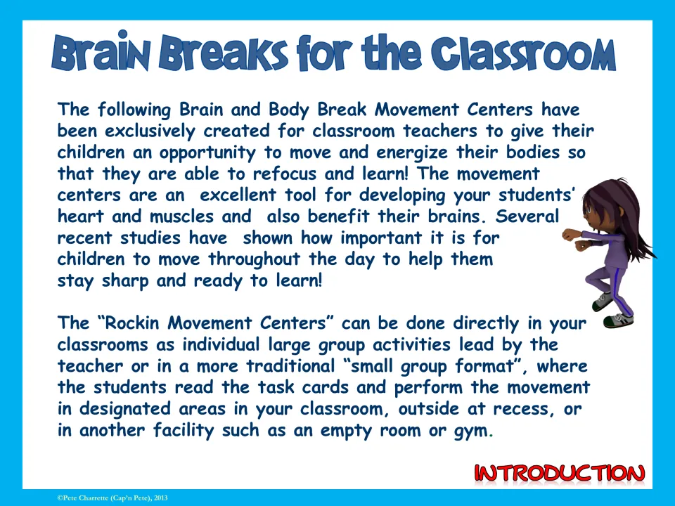 Introduction explaining the movement centers can run as teacher-led whole group breaks or small group task card stations