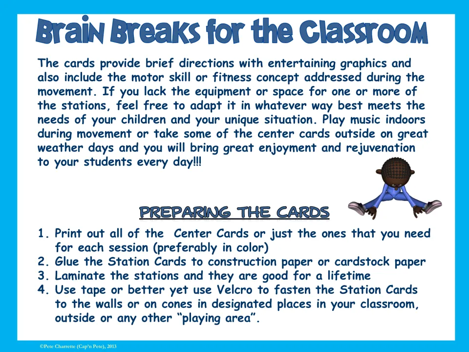 Preparing the cards: steps to print, glue to cardstock, laminate and post station cards on walls or cones around the room