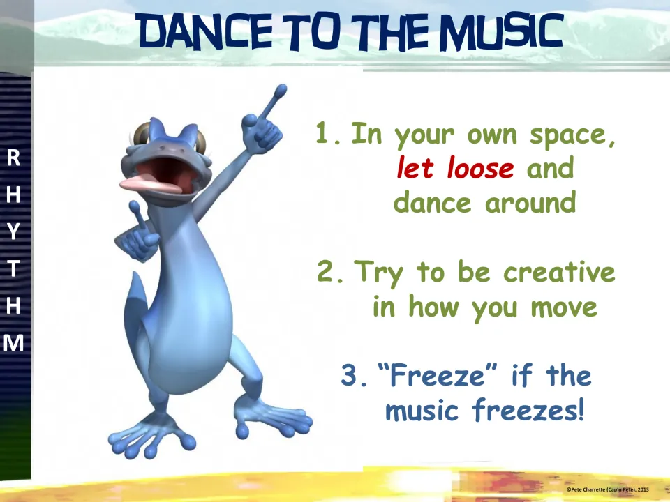 Dance to the music card for rhythm: students dance creatively in their own space and freeze whenever the music stops