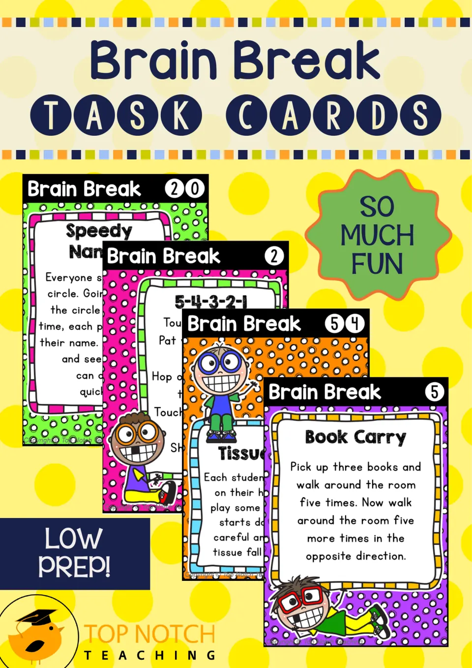 Brain Break Task Cards cover showing numbered activity cards such as Speedy Names, 5-4-3-2-1 and Book Carry