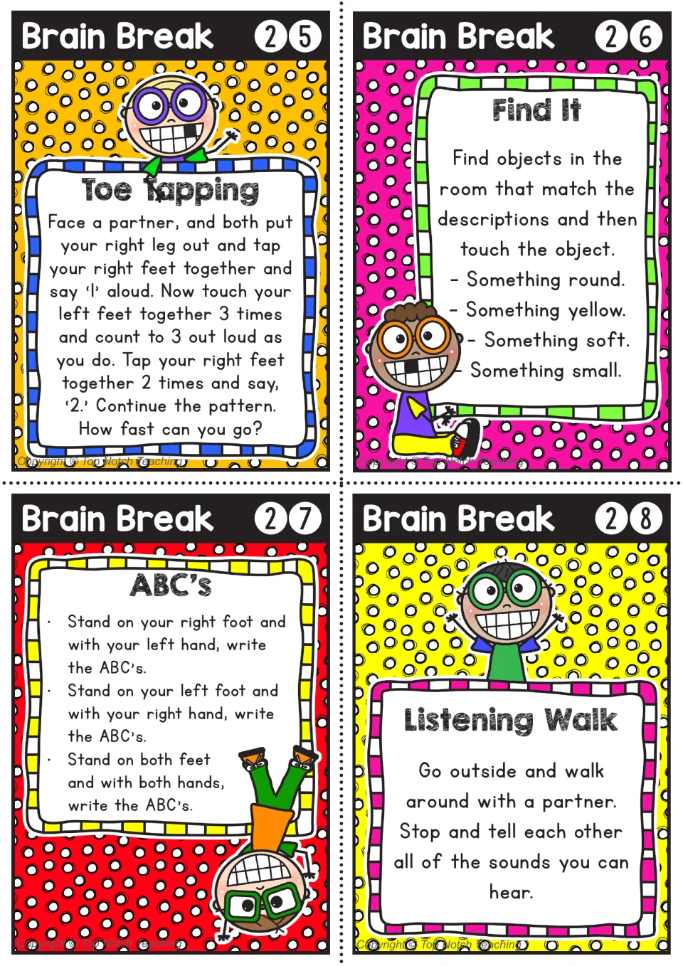 Brain breaks 25-28: Toe Tapping count pattern, Find It object hunt, one-foot ABC's air writing, and a Listening Walk