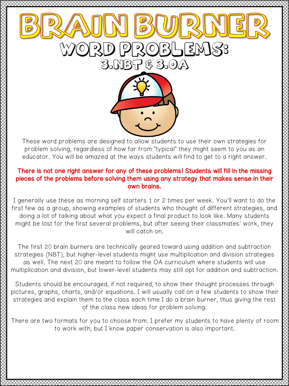 Brain Burner Word Problems: 3.NBT & 3.OA title page with teacher notes on open-ended, any-strategy problems