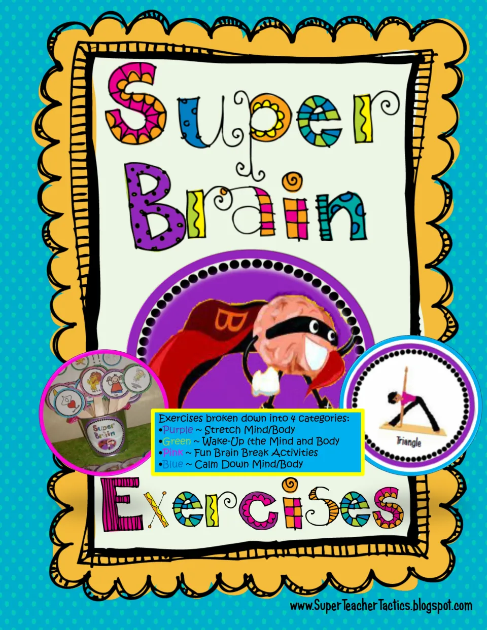 Super Brain Exercises cover: masked superhero brain mascot and cards sorted into purple, green, pink and blue groups