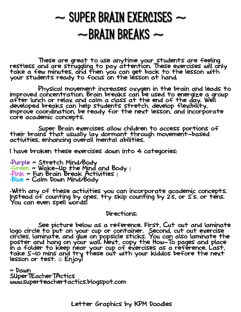 Teacher notes on brain breaks: why to use movement breaks, the four color categories and steps to make the card cup