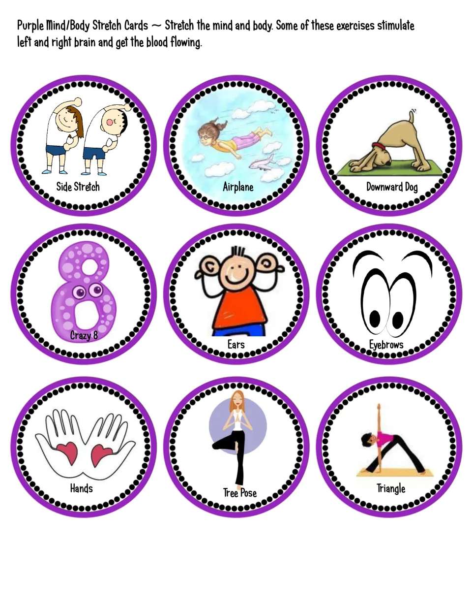 Purple stretch cards to cut out: Side Stretch, Airplane, Downward Dog, Crazy 8, Ears, Eyebrows, Hands, Tree Pose, Triangle