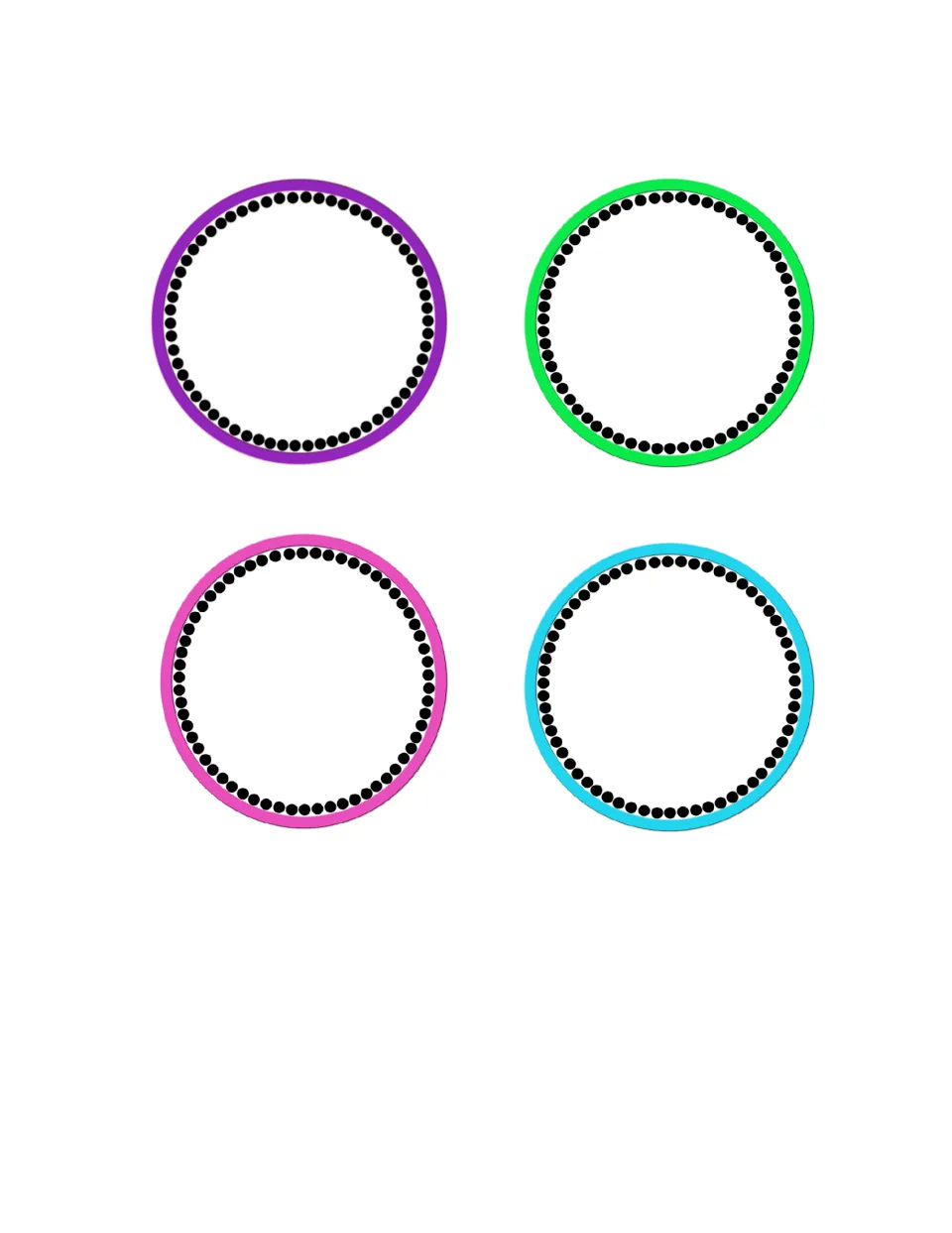 Blank exercise circles in purple, green, pink and blue for writing in new movement break ideas in each color category