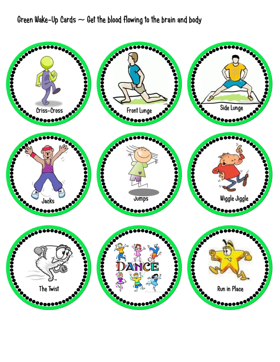 Green wake-up cards: Criss-Cross, Front Lunge, Side Lunge, Jacks, Jumps, Wiggle Jiggle, Twist, Dance, Run in Place