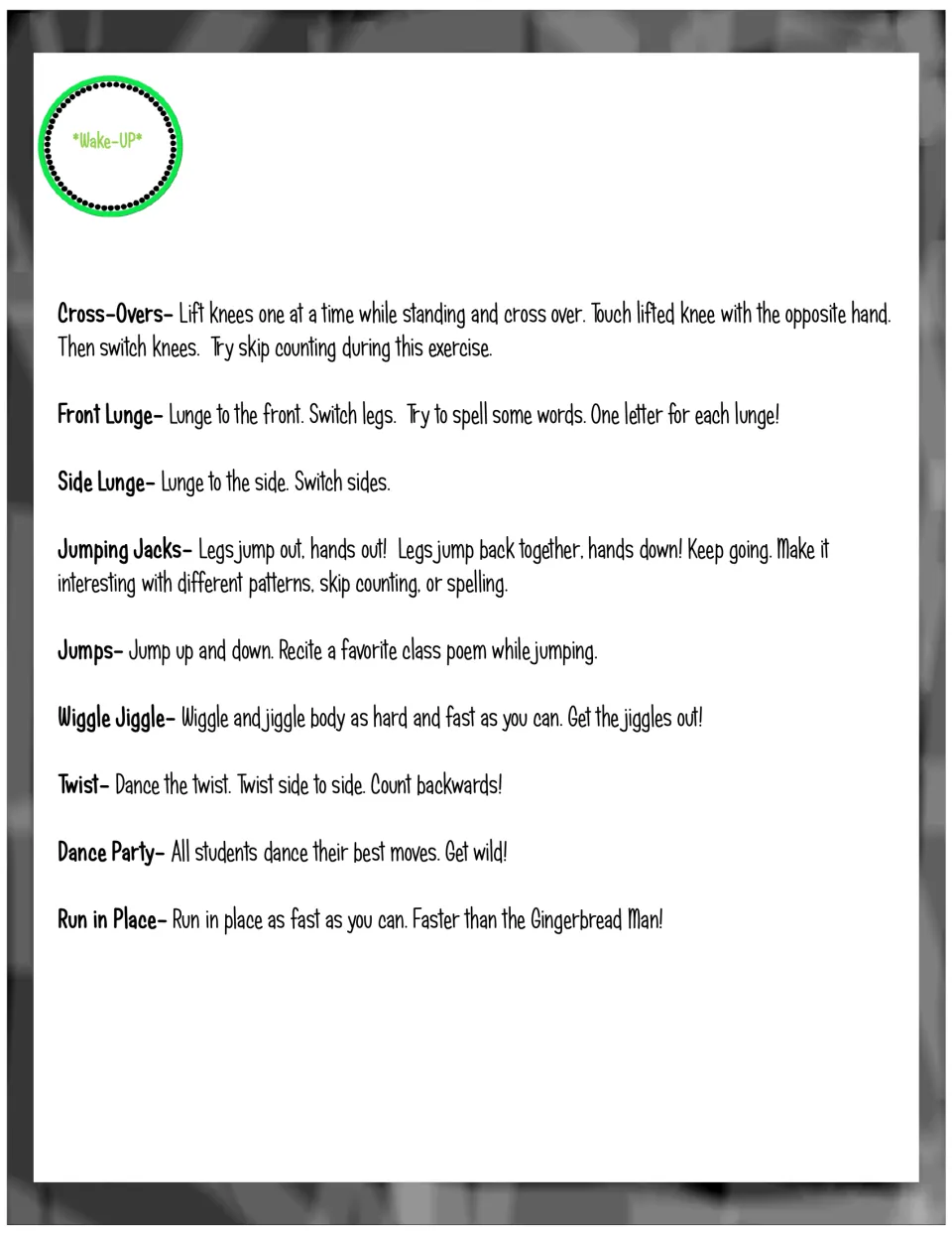 Wake-up move directions for Cross-Overs, lunges, Jumping Jacks, Twist, Dance Party and Run in Place, with spelling ideas