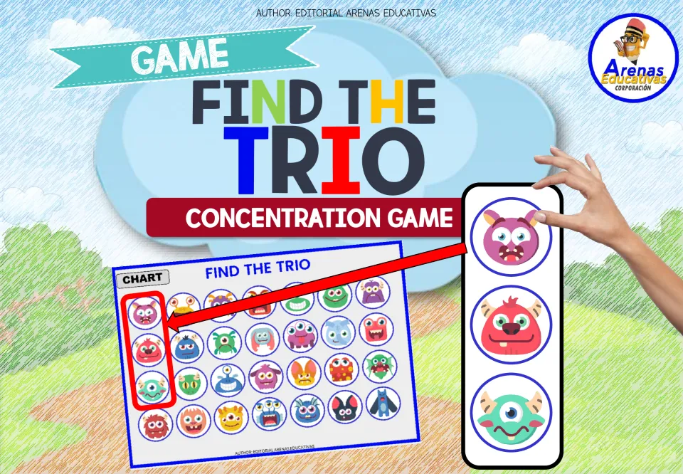 Cover of Find the Trio, a monster concentration game, showing a three-monster card matched to the chart