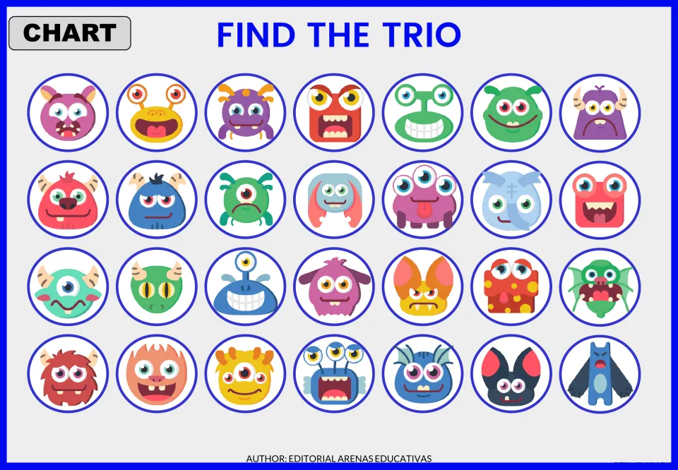 Reference chart for the matching game featuring 28 distinct monsters with different colors, eyes, and horns
