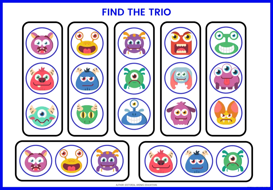 First card sheet contains seven monster trios, including a purple horned monster above red and mint monsters