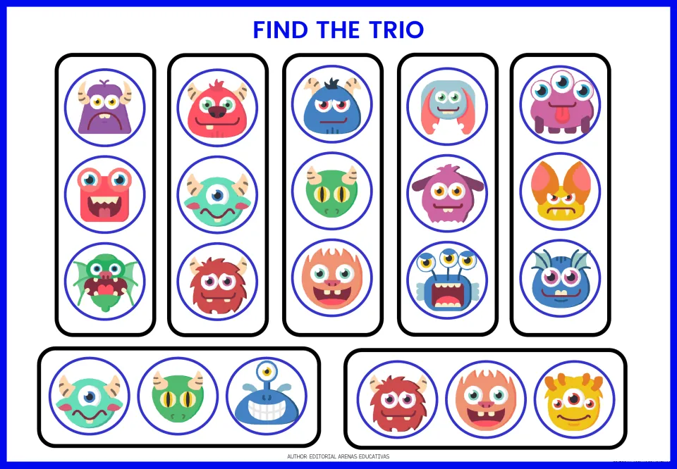Second card sheet contains seven monster trios, including a red furry, orange spiky, and yellow monster trio
