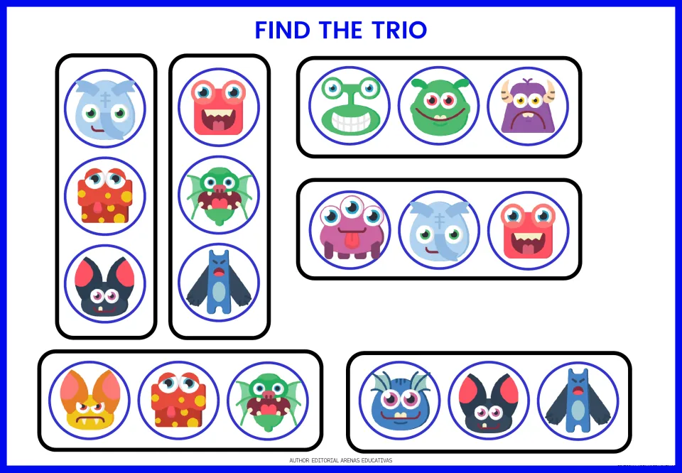 Third card sheet contains six monster trios, including a blue horned, black long-eared, and blue winged trio