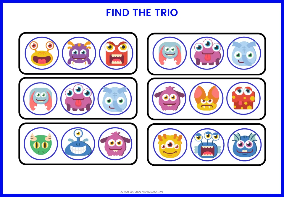 Fourth card sheet contains six monster trios, repeating the trio of a pale blue, purple, and blue monster