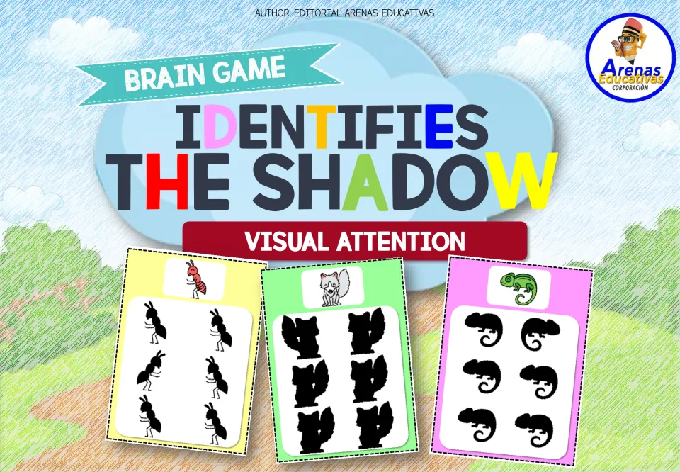 Cover of the shadow game, headed 'Identifies the Shadow' and 'Visual Attention', with sample animal cards