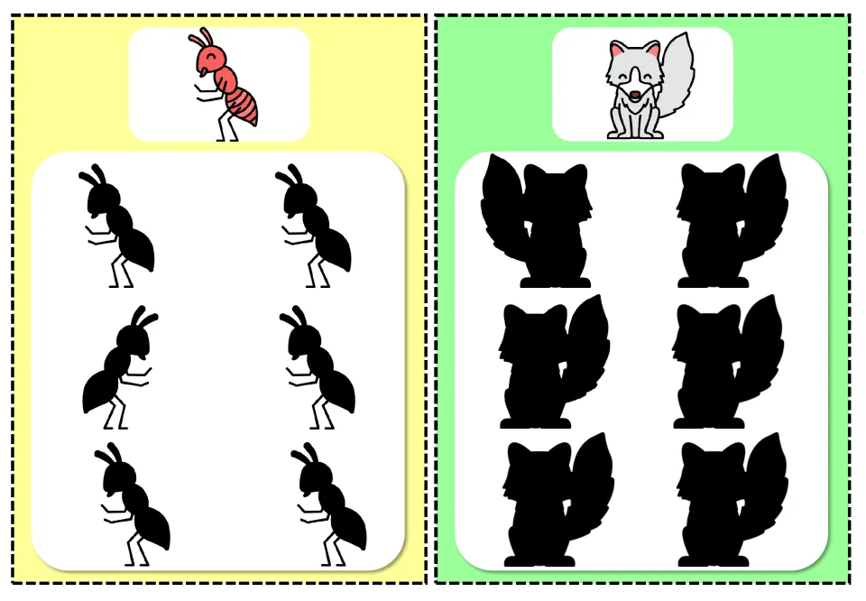 Incorrect-shadow cards 1–2: ant and wolf, each with a color animal reference and six shadows to compare