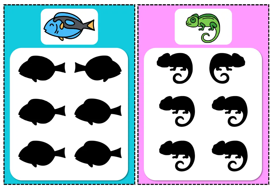 Incorrect-shadow cards 3–4: fish and chameleon, each with a color reference and six shadows to compare