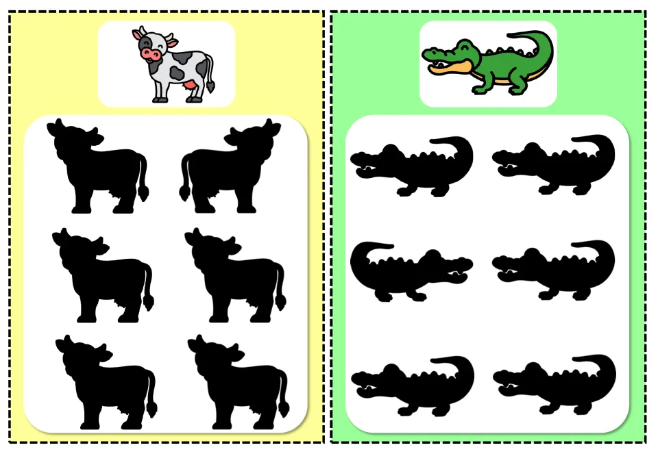 Incorrect-shadow cards 5–6: cow and crocodile, each with a color reference and six shadows to compare
