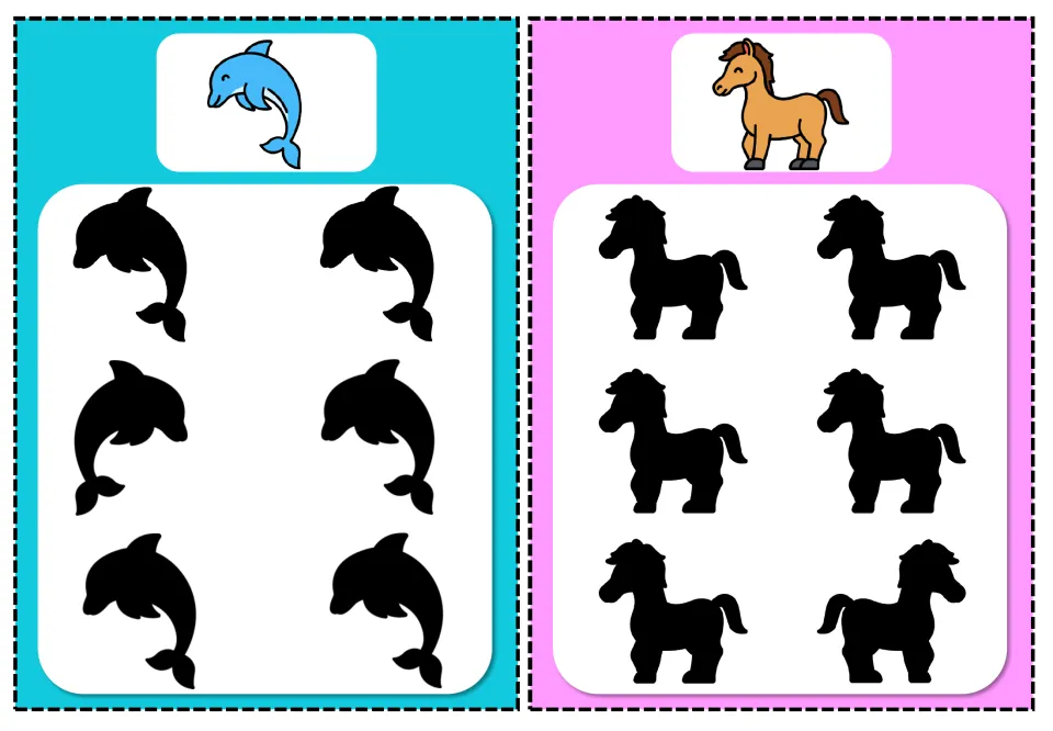Incorrect-shadow cards 7–8: dolphin and horse, each with a color reference and six shadows to compare