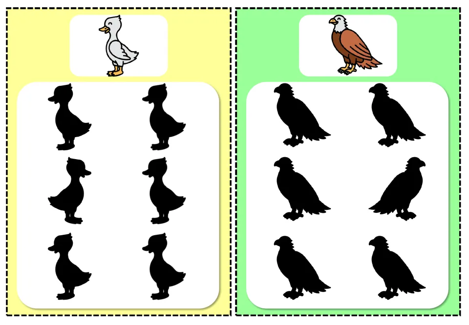 Incorrect-shadow cards 9–10: duck and eagle, each with a color reference and six shadows to compare