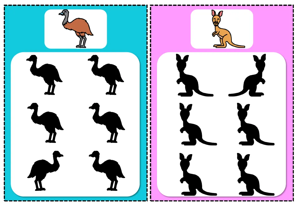 Incorrect-shadow cards 11–12: emu and kangaroo, each with a color reference and six shadows to compare