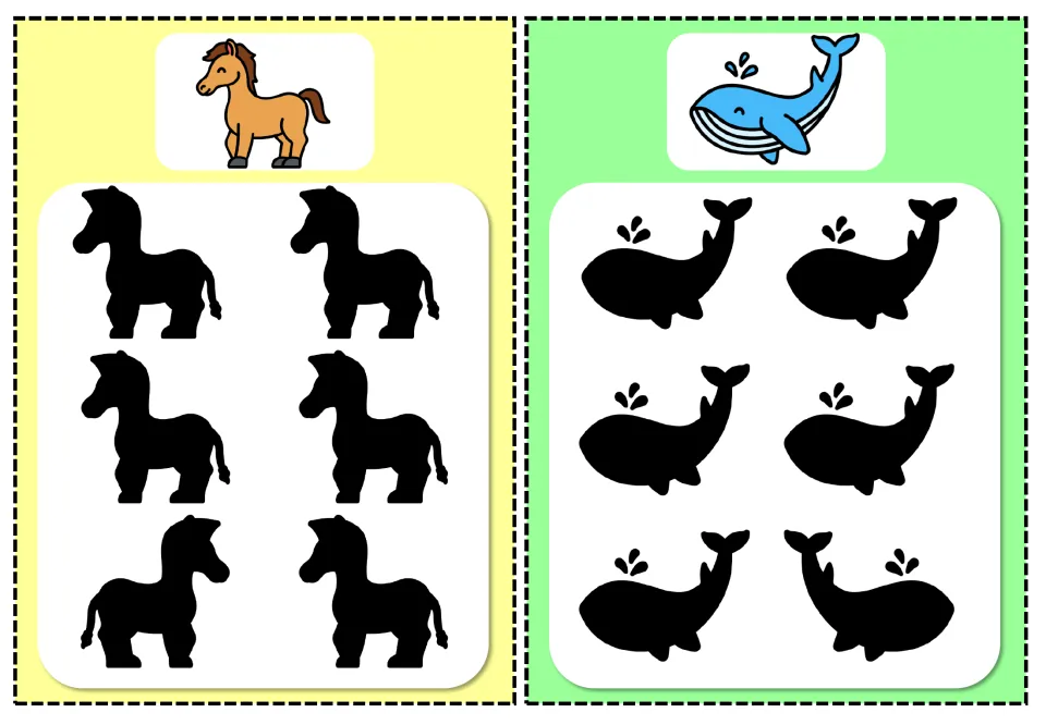 Incorrect-shadow cards 13–14: horse and whale, each with a color reference and six shadows to compare