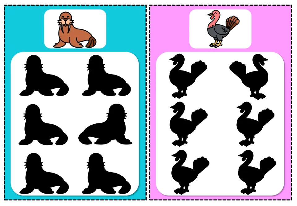 Incorrect-shadow cards 15–16: walrus and turkey, each with a color reference and six shadows to compare