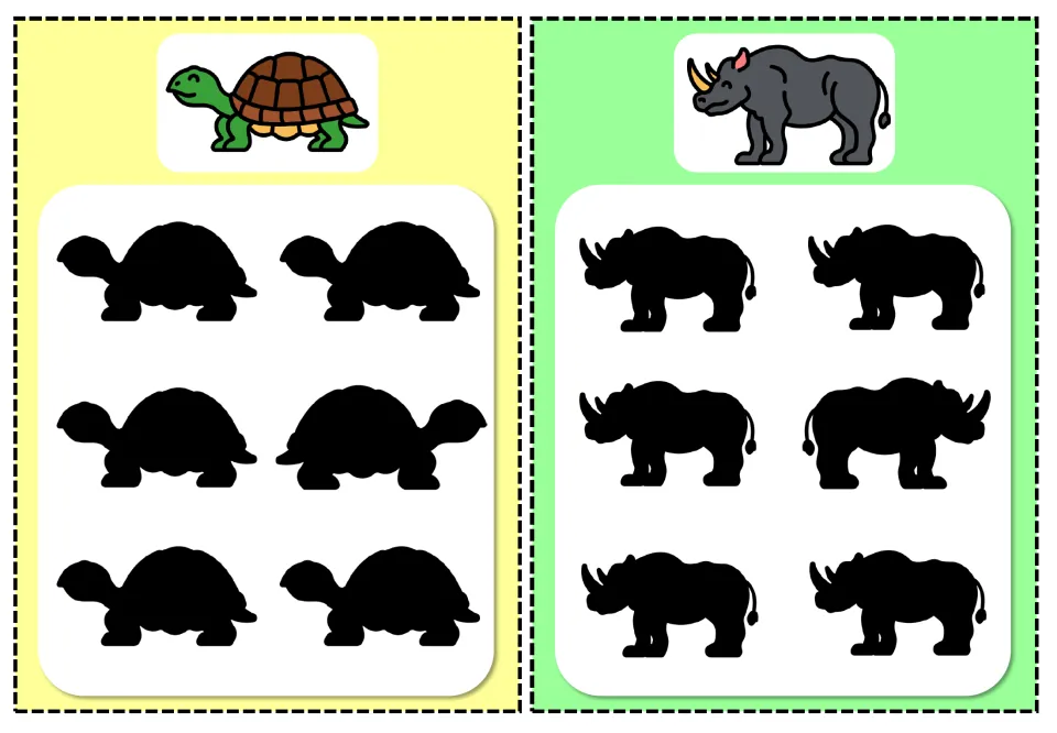 Incorrect-shadow cards 17–18: turtle and rhinoceros, each with a color reference and six shadows to compare
