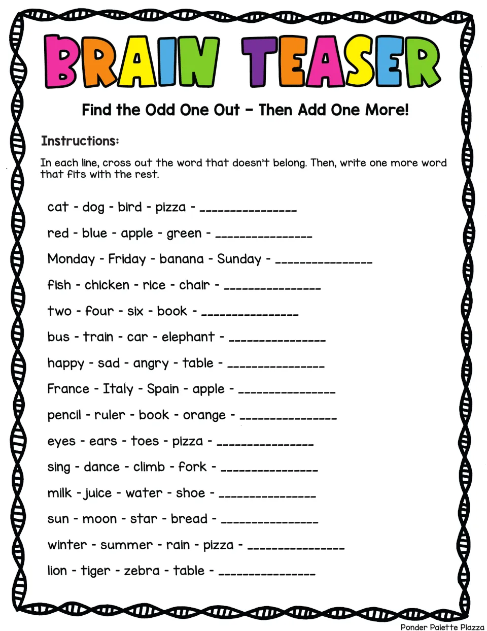 Odd one out word sets: students cross out the misfit in 15 lines like cat, dog, bird, pizza and write a word that fits