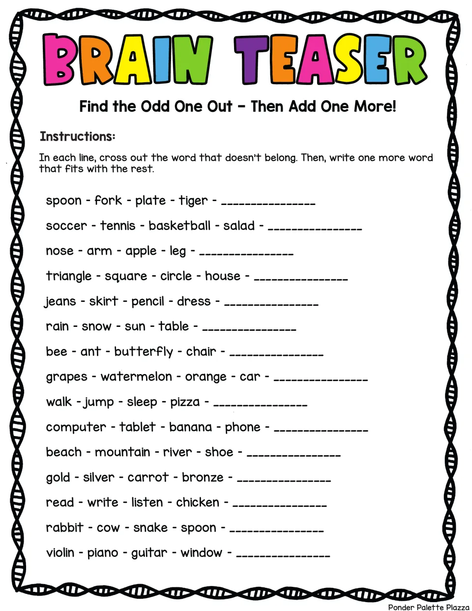 Odd one out, set 2: students cross out the word that doesn't belong, as in spoon, fork, plate, tiger, and add one more
