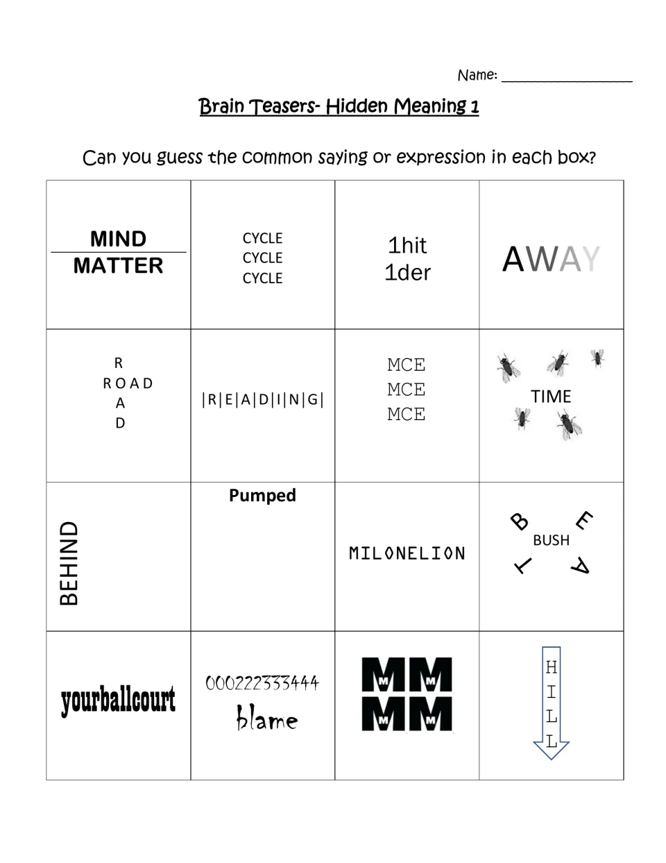 Hidden Meaning 1 word puzzles: students decode 16 picture-word clues like MIND over MATTER into common sayings
