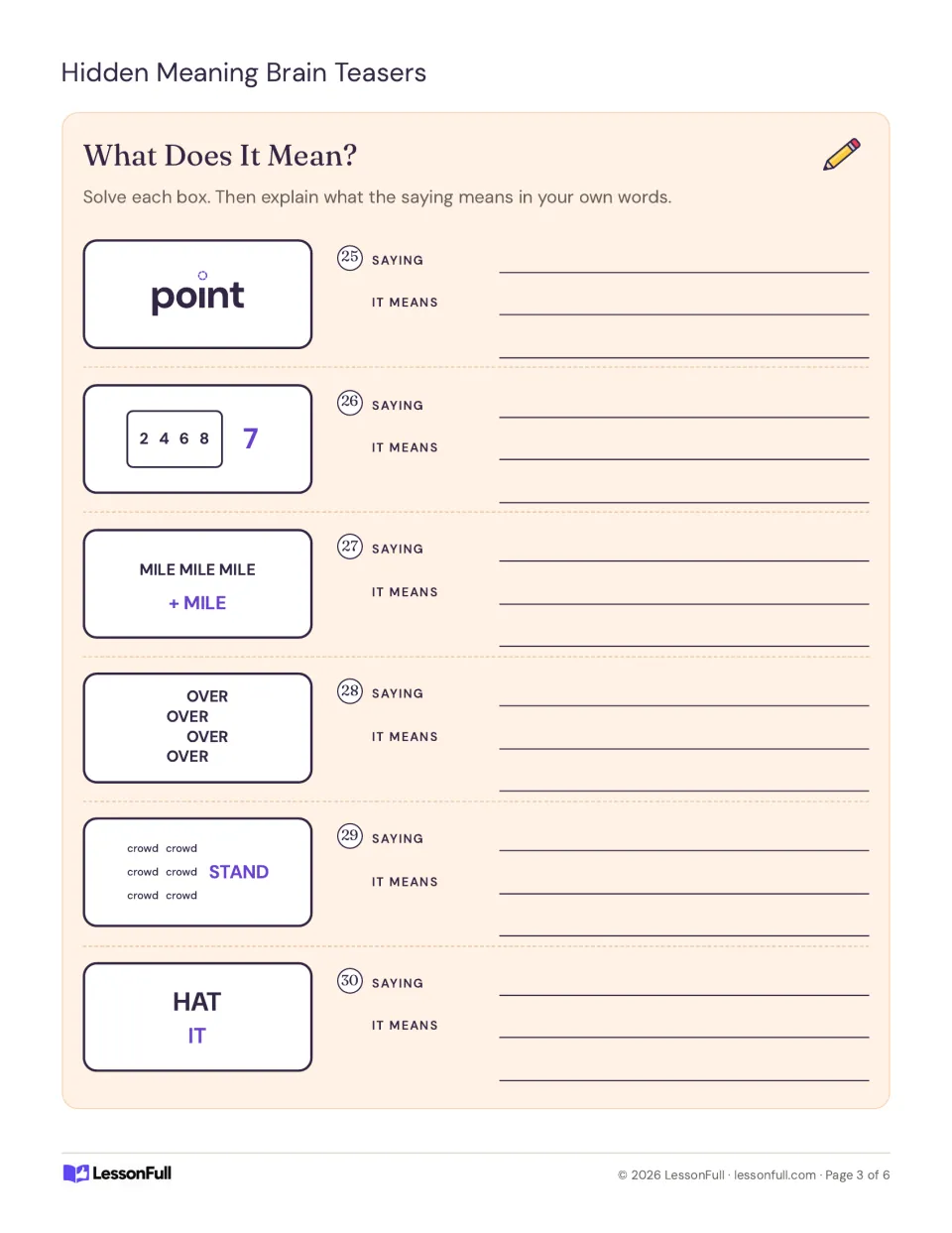 What Does It Mean?: solve six word puzzles such as HAT over IT and explain each saying's meaning in their own words