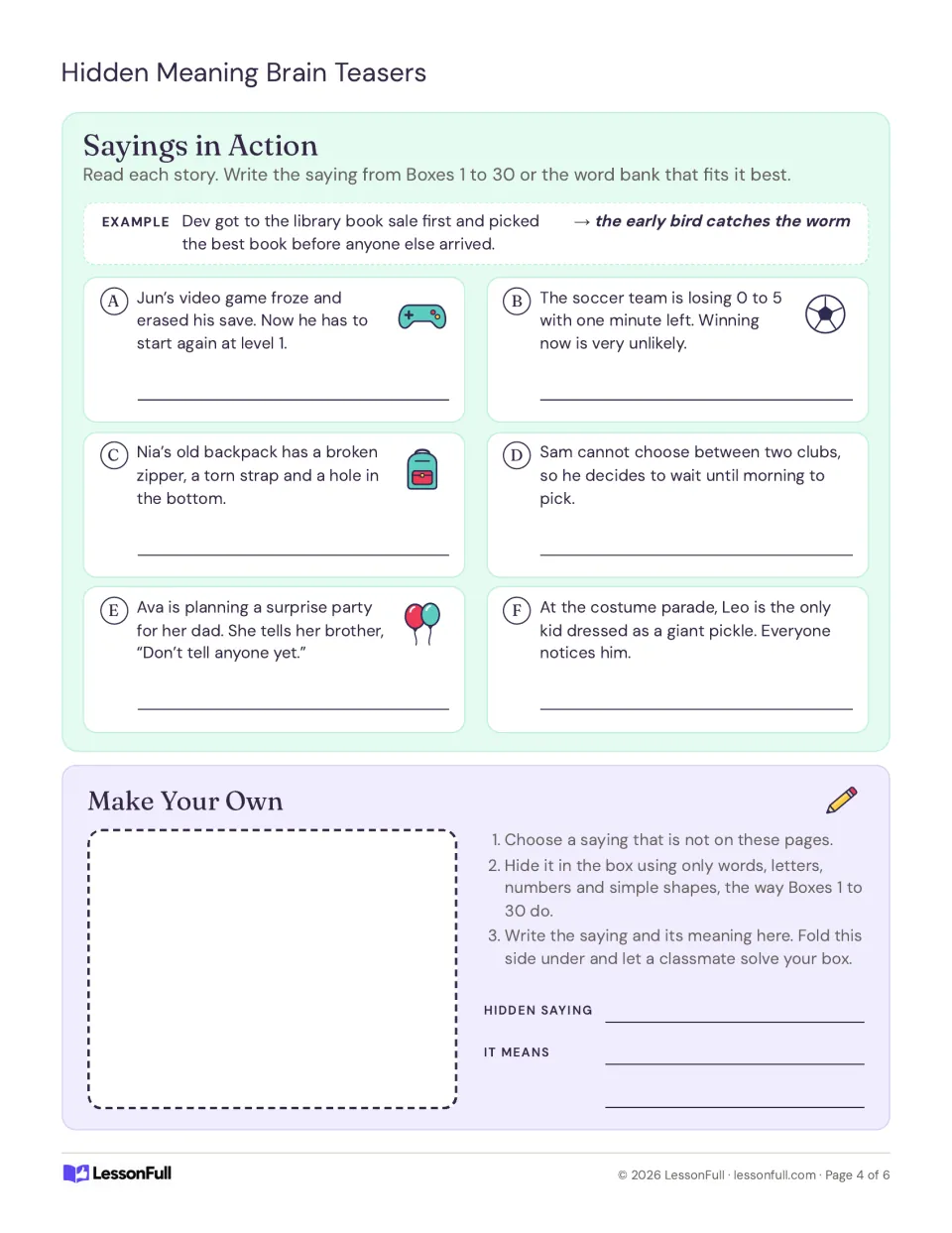 Sayings in Action: match six short stories to the saying that fits, then design a new hidden-saying puzzle to swap
