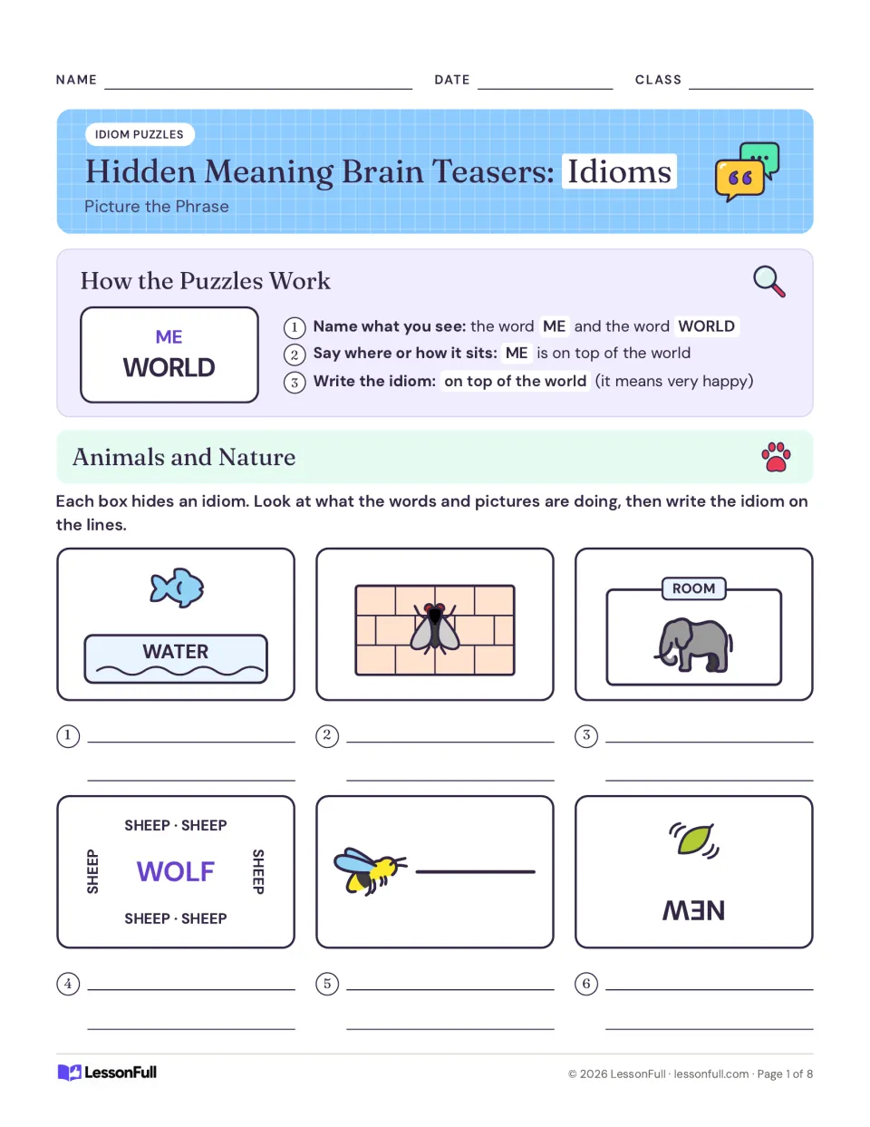 Idiom picture puzzles: a how-it-works example for on top of the world, then six animal and nature boxes to name