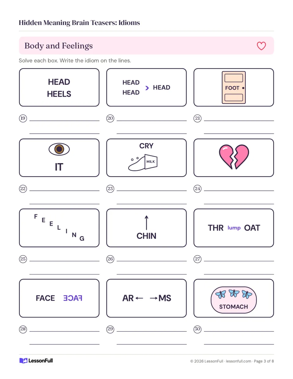 Body and feelings idiom puzzles: twelve boxes like HEAD over HEELS, CHIN up and a broken heart for students to name