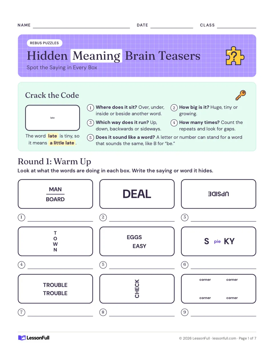 Rebus strategy guide and Round 1 puzzles 1–9, using MAN over BOARD, a large DEAL, upside-down UPSIDE and more