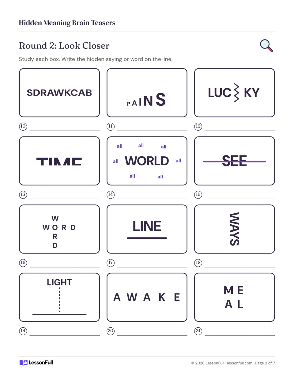 Round 2 rebus puzzles 10–21 include SDRAWKCAB, growing PAINS, a split LUCKY and widely spaced AWAKE